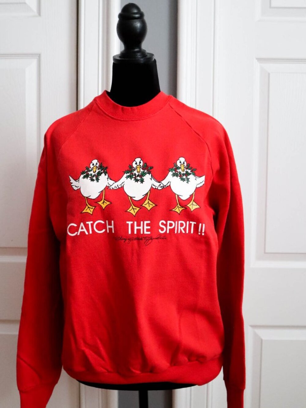 Vtg Christmas Goose Sweatshirt "Catch the Spirit" Red Women's Sz L Ugly Sweater
